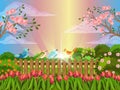 Vector spring postcard with blooming garden, birds on the fence, tulips and sunset rays. Royalty Free Stock Photo